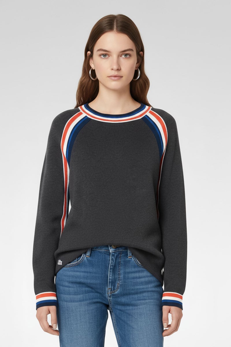 LACOSTE Women Crew Neck Embroidered Logo Sweater, Grey - Image 2